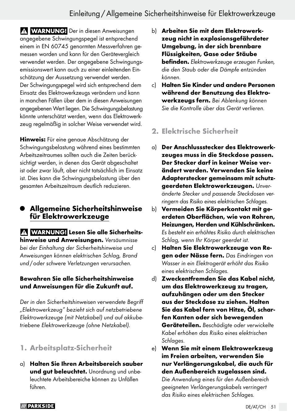 Arbeitsplatz-sicherheit, Elektrische sicherheit | Parkside PSFS 250 A1 User Manual | Page 51 / 58