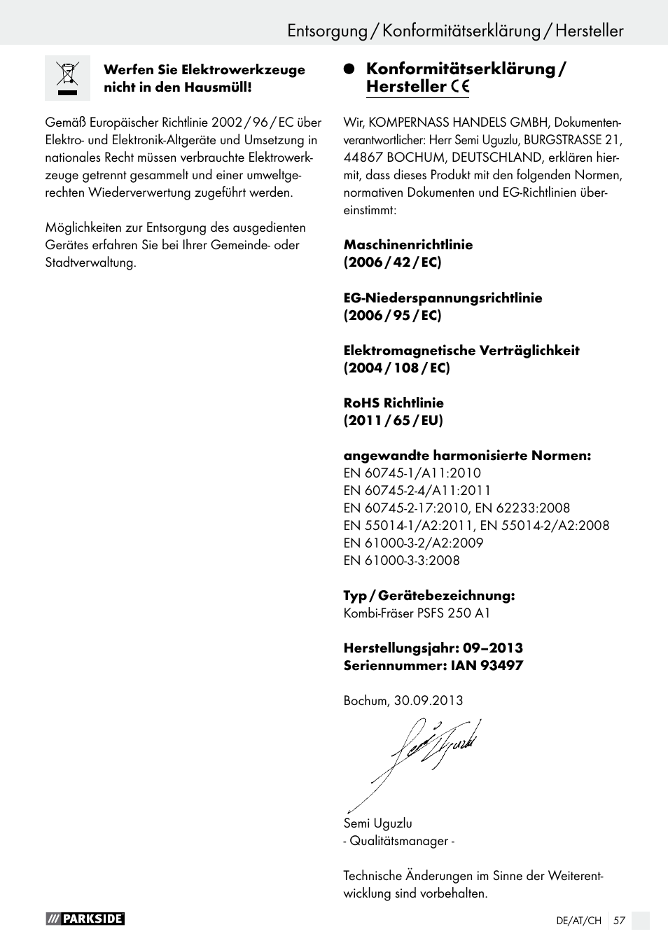 Entsorgung / konformitätserklärung / hersteller, Konformitätserklärung / hersteller | Parkside PSFS 250 A1 User Manual | Page 57 / 58