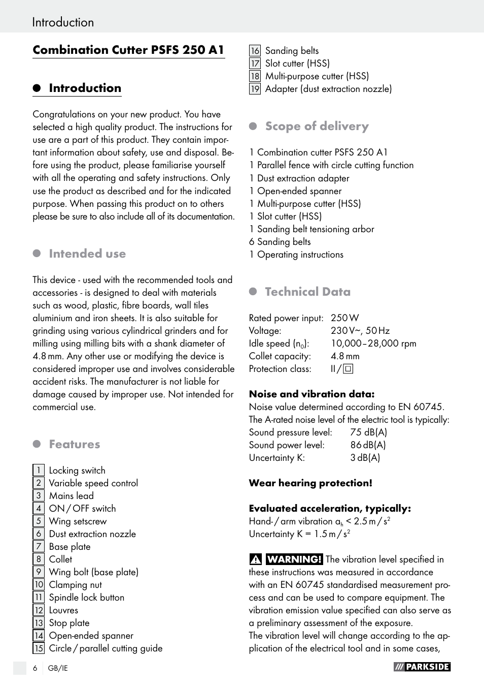 Combination cutter psfs 250 a1 introduction, Intended use, Features | Scope of delivery, Technical data | Parkside PSFS 250 A1 User Manual | Page 6 / 58