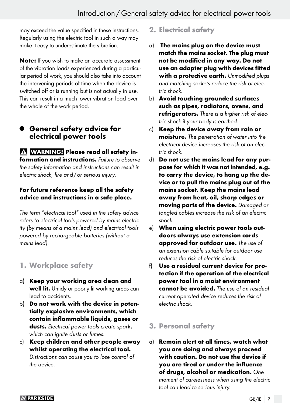 General safety advice for electrical power tools, Workplace safety, Electrical safety | Personal safety | Parkside PSFS 250 A1 User Manual | Page 7 / 58