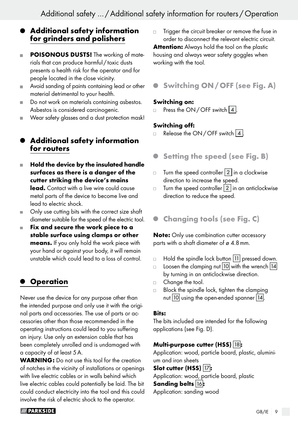 Additional safety information for routers, Operation, Switching on / off (see fig. a) | Setting the speed (see fig. b), Changing tools (see fig. c) | Parkside PSFS 250 A1 User Manual | Page 9 / 58