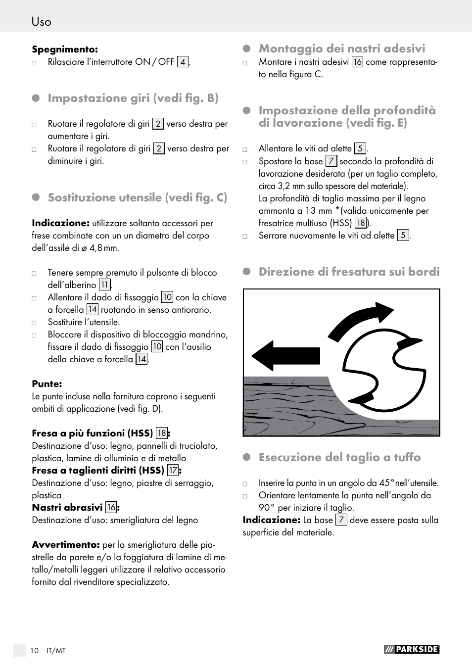 Impostazione giri (vedi fig. b), Sostituzione utensile (vedi fig. c), Montaggio dei nastri adesivi | Parkside PSFS 250 A1 User Manual | Page 10 / 32