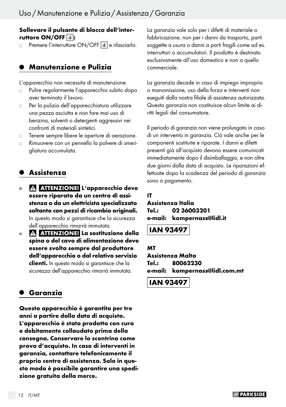 Manutenzione e pulizia, Assistenza, Garanzia | Parkside PSFS 250 A1 User Manual | Page 12 / 32