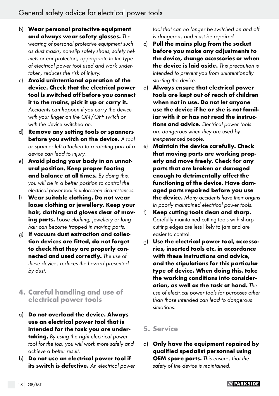 General safety advice for electrical power tools | Parkside PSFS 250 A1 User Manual | Page 18 / 32