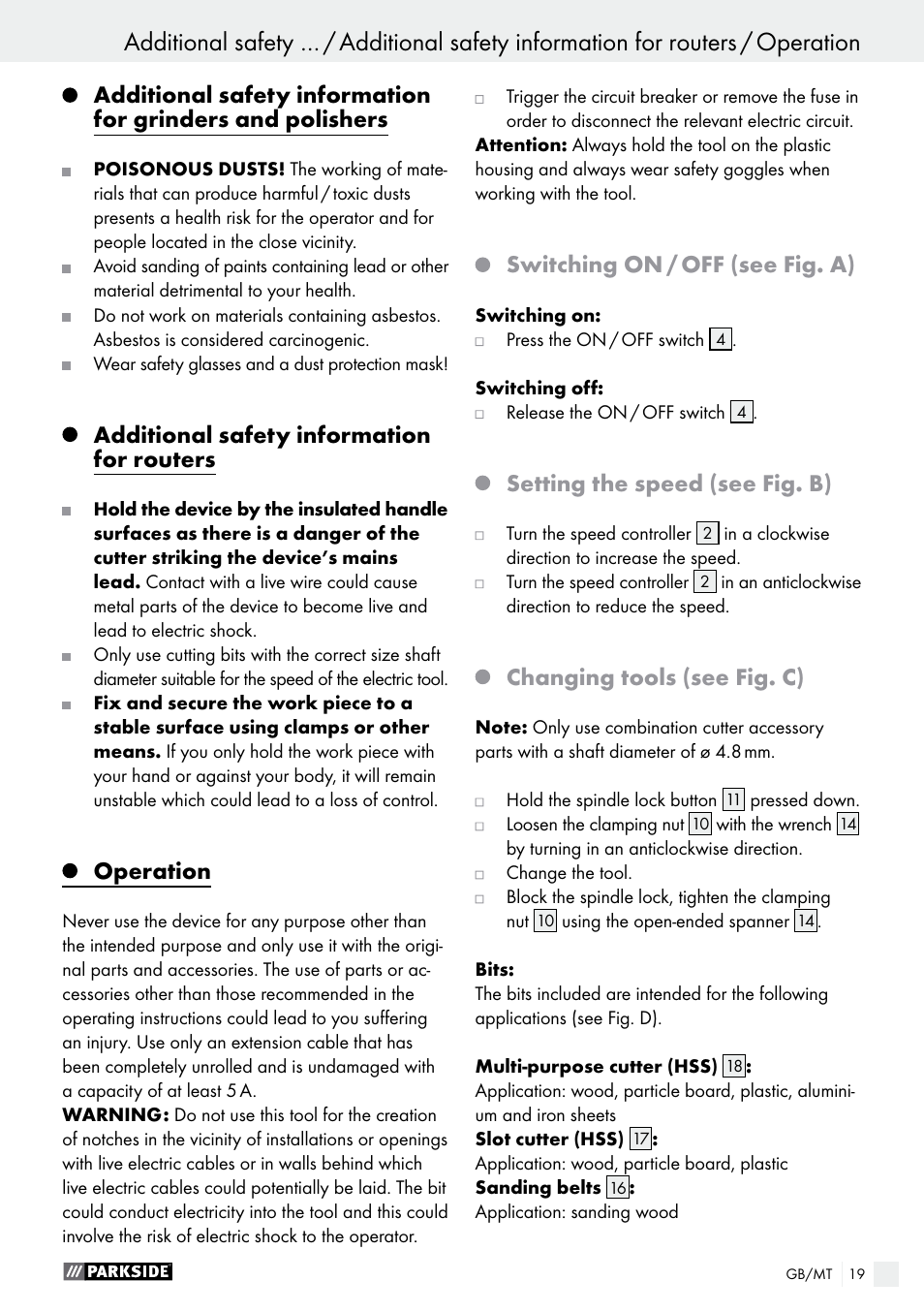 Additional safety information for routers, Operation, Switching on / off (see fig. a) | Setting the speed (see fig. b), Changing tools (see fig. c) | Parkside PSFS 250 A1 User Manual | Page 19 / 32