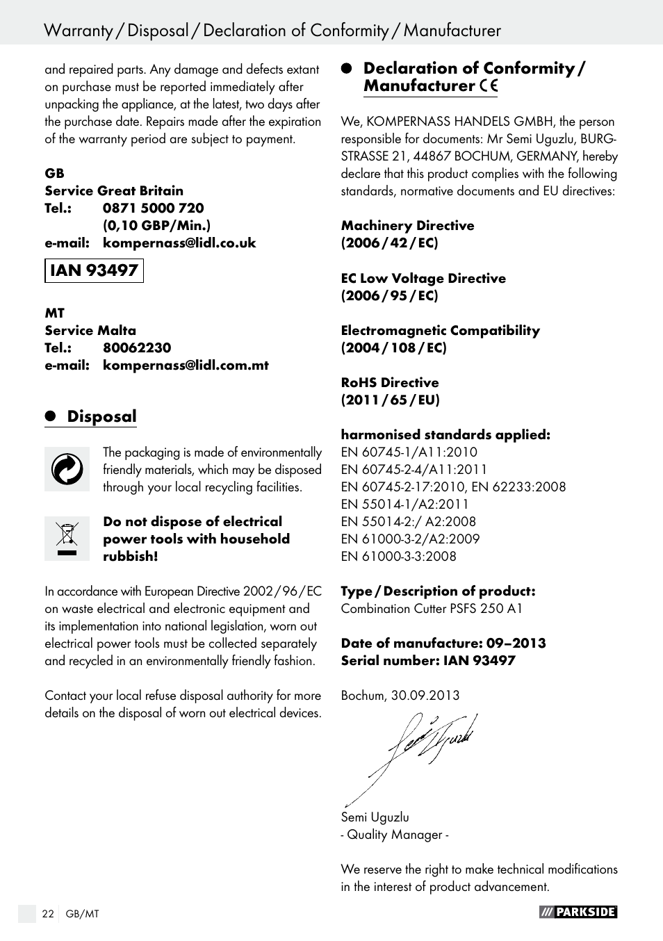 Parkside PSFS 250 A1 User Manual | Page 22 / 32