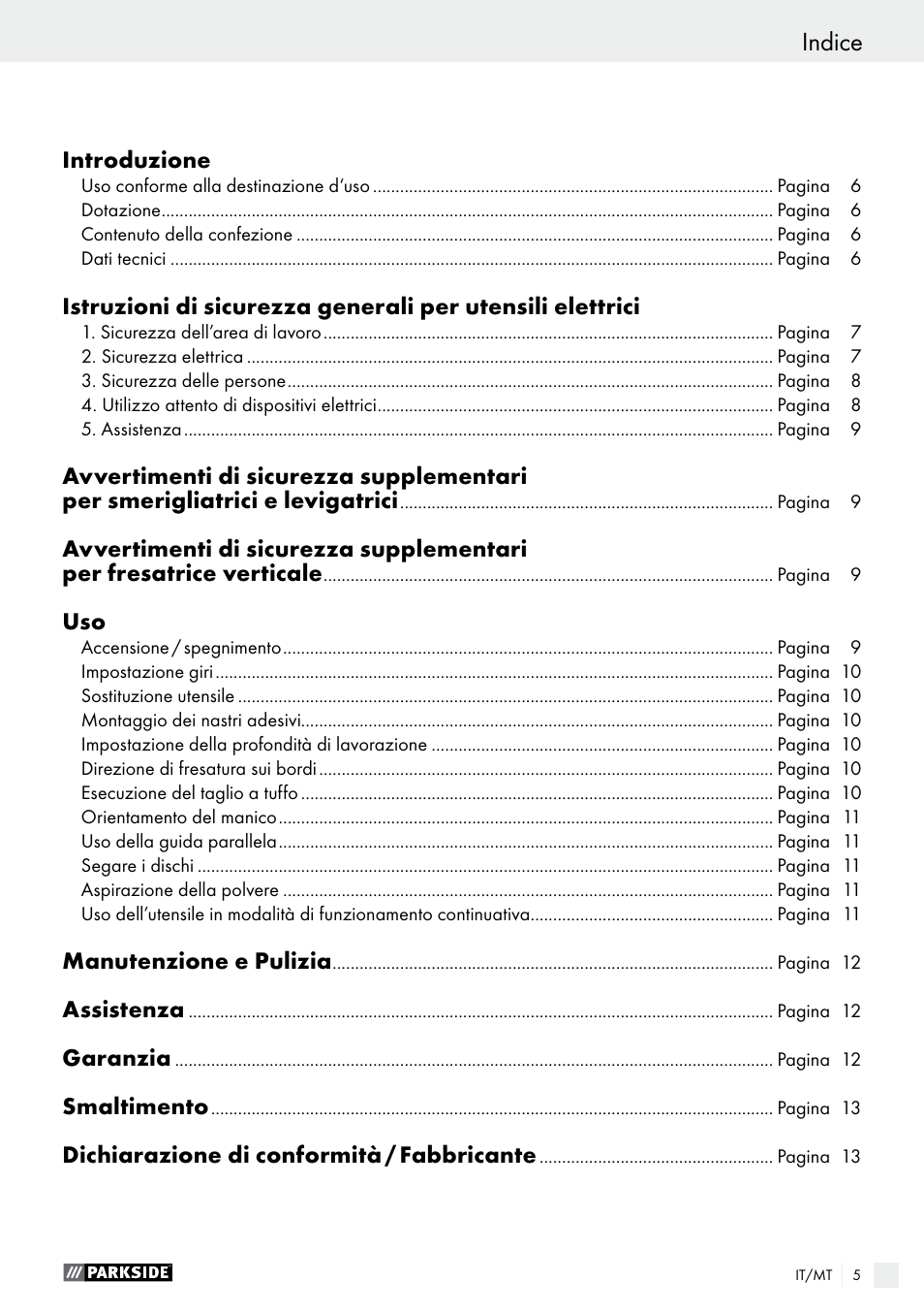 Indice | Parkside PSFS 250 A1 User Manual | Page 5 / 32