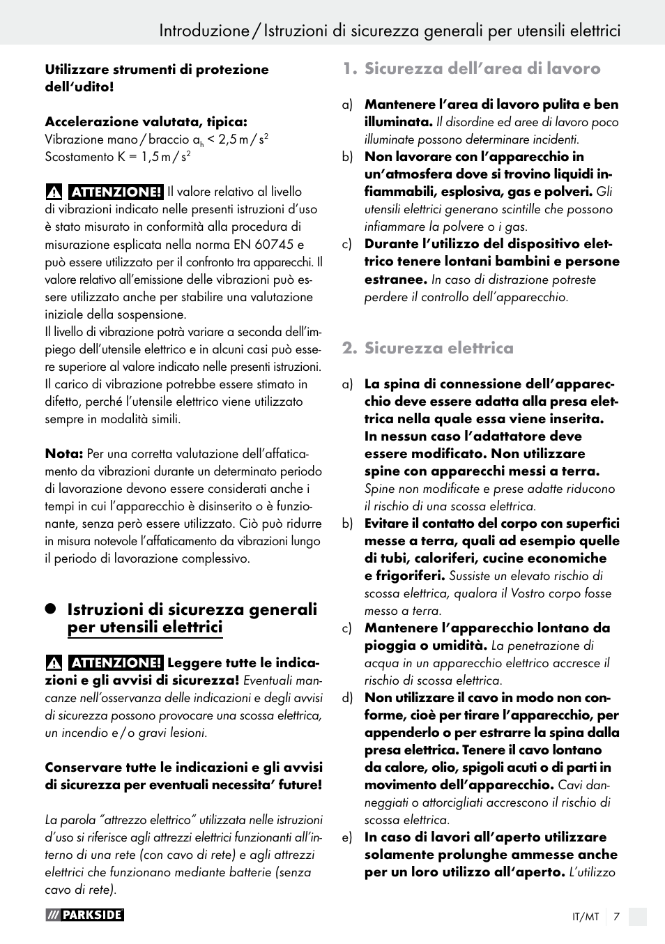 Introduzione, Sicurezza dell’area di lavoro, Sicurezza elettrica | Parkside PSFS 250 A1 User Manual | Page 7 / 32