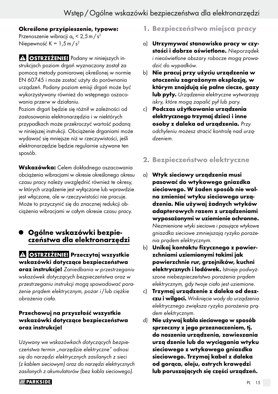 Bezpieczeństwo miejsca pracy, Bezpieczeństwo elektryczne | Parkside PSFS 250 A1 User Manual | Page 15 / 60