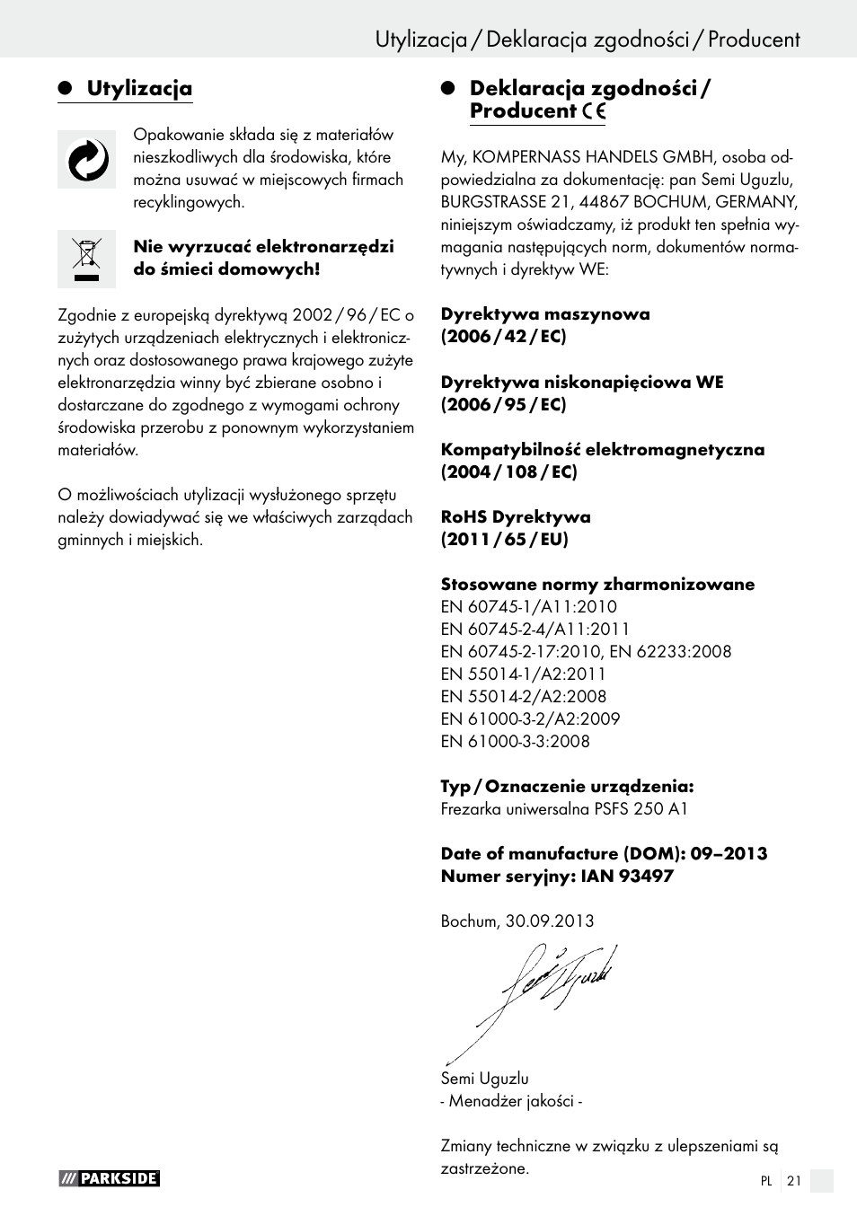 Utylizacja / deklaracja zgodności / producent, Utylizacja, Deklaracja zgodności / producent | Parkside PSFS 250 A1 User Manual | Page 21 / 60