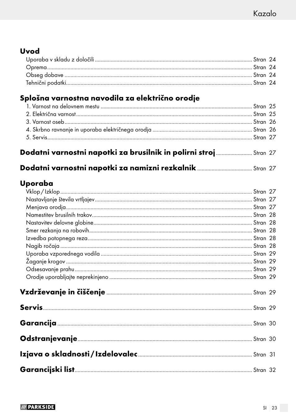 Kazalo | Parkside PSFS 250 A1 User Manual | Page 23 / 60