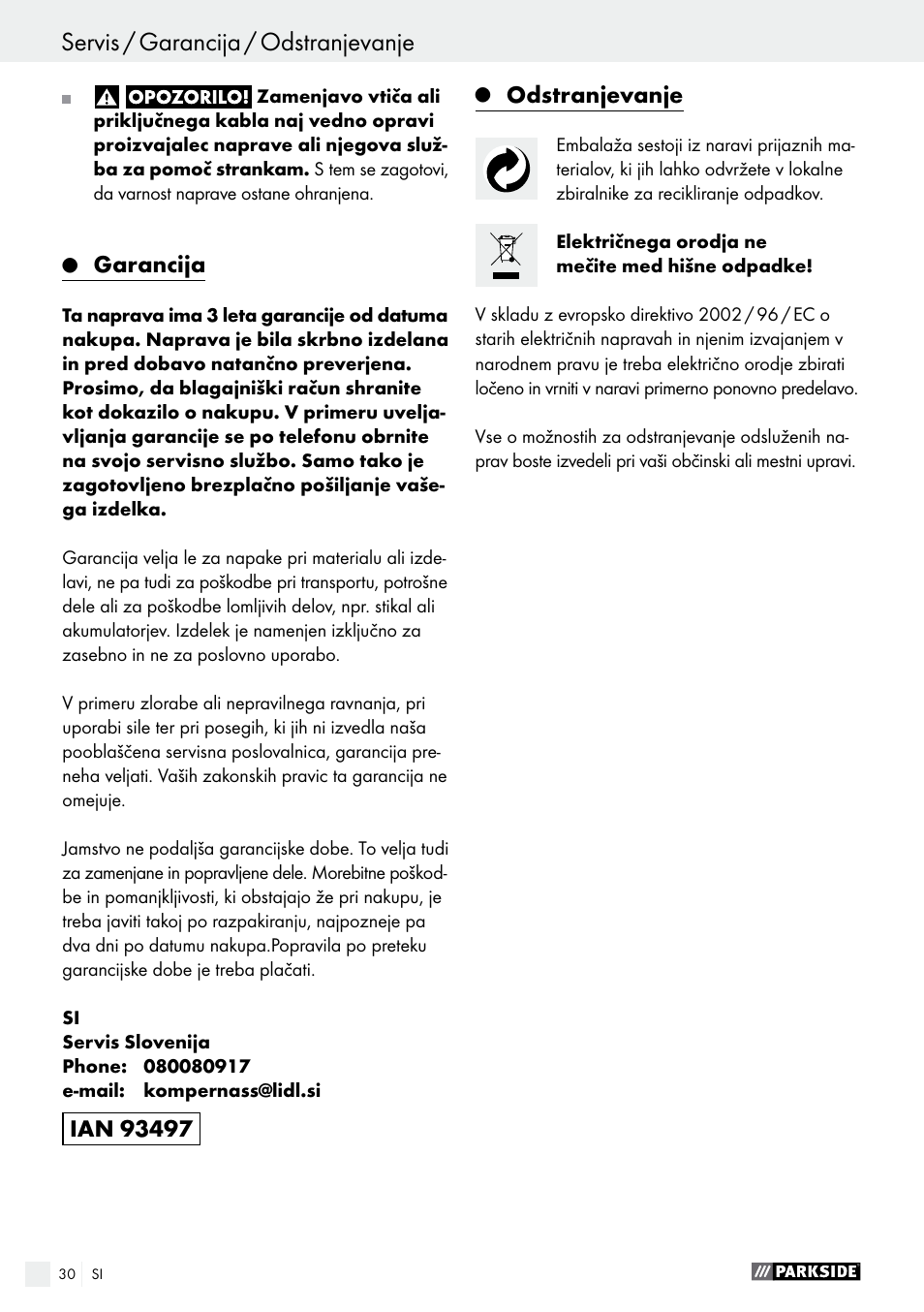 Izjava o skladnosti / izdelovalec, Servis / garancija / odstranjevanje, Garancija | Odstranjevanje | Parkside PSFS 250 A1 User Manual | Page 30 / 60