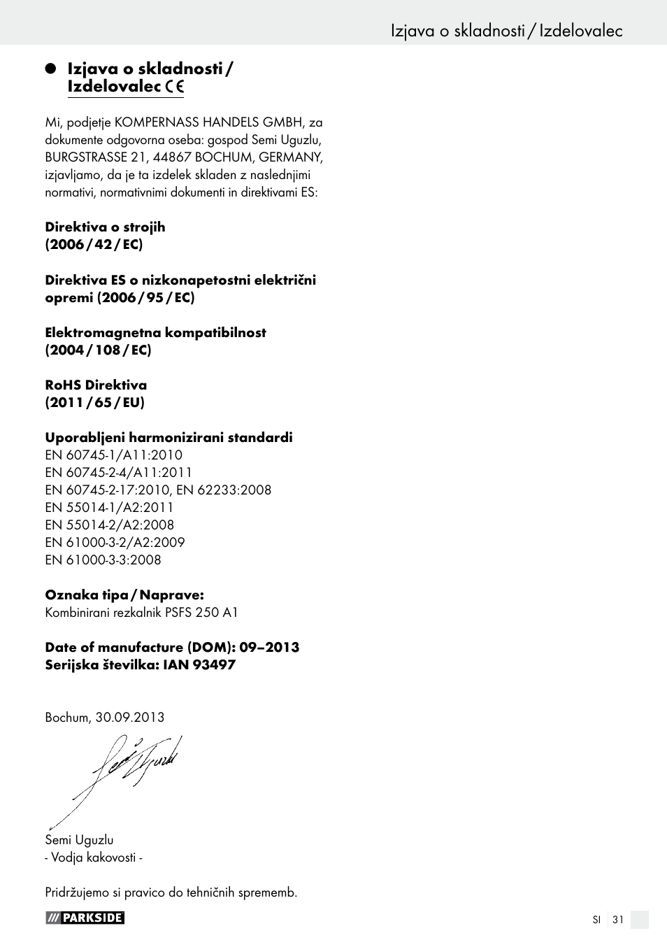 Izjava o skladnosti / izdelovalec, Servis / garancija / odstranjevanje | Parkside PSFS 250 A1 User Manual | Page 31 / 60