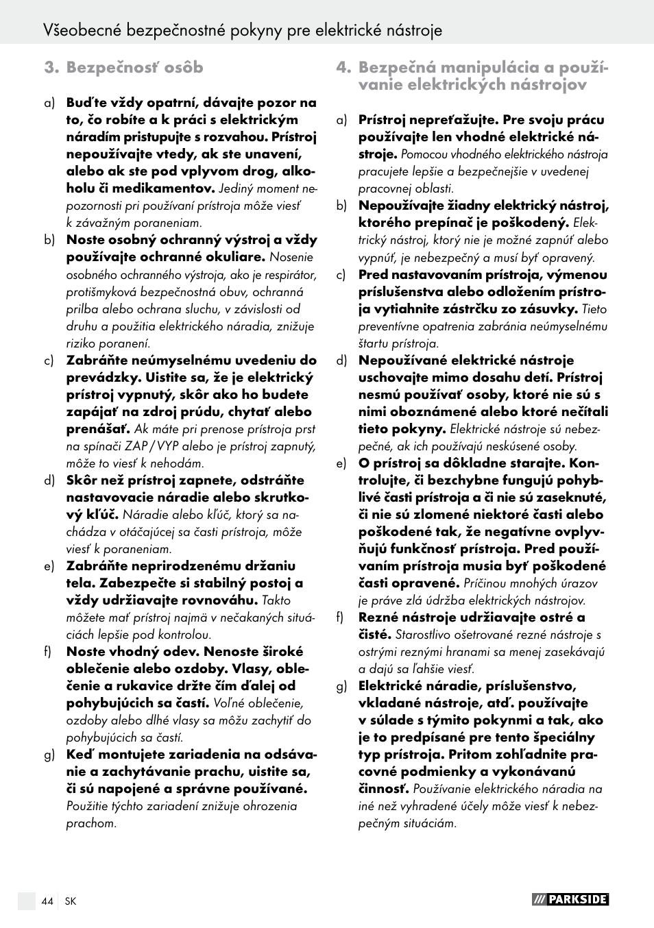 Bezpečnosť osôb | Parkside PSFS 250 A1 User Manual | Page 44 / 60