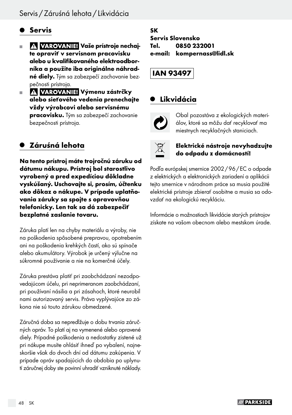 Servis, Záruśná lehota, Likvidácia | Parkside PSFS 250 A1 User Manual | Page 48 / 60