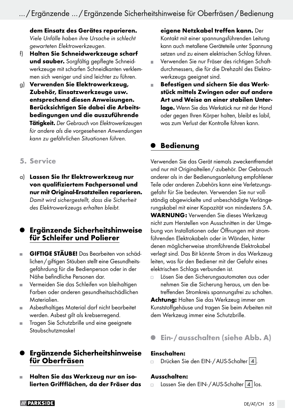 Service, Ergänzende sicherheitshinweise für oberfräsen, Bedienung | Ein- / ausschalten (siehe abb. a) | Parkside PSFS 250 A1 User Manual | Page 55 / 60