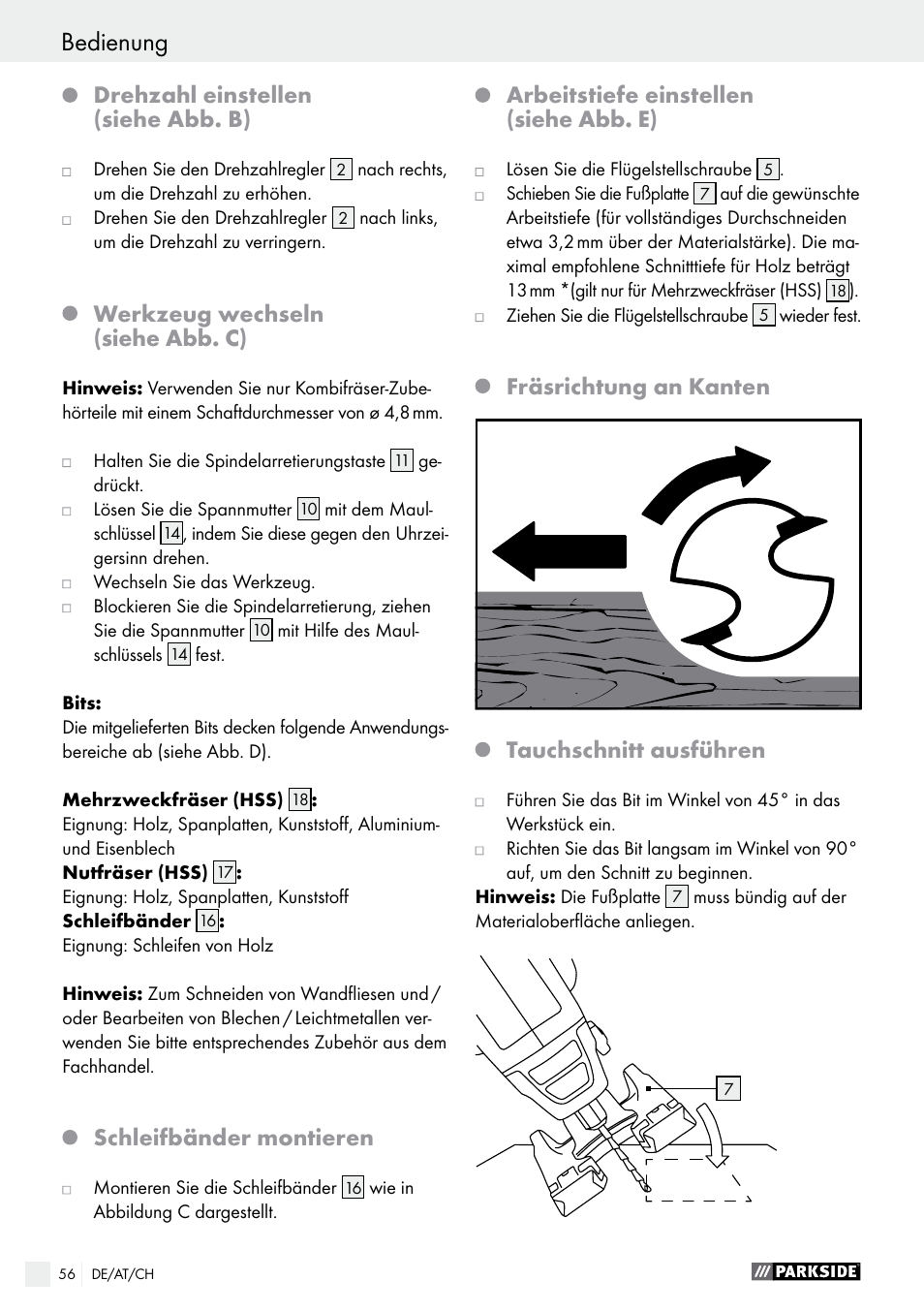 Bedienung, Drehzahl einstellen (siehe abb. b), Werkzeug wechseln (siehe abb. c) | Schleifbänder montieren, Arbeitstiefe einstellen (siehe abb. e), Fräsrichtung an kanten tauchschnitt ausführen | Parkside PSFS 250 A1 User Manual | Page 56 / 60