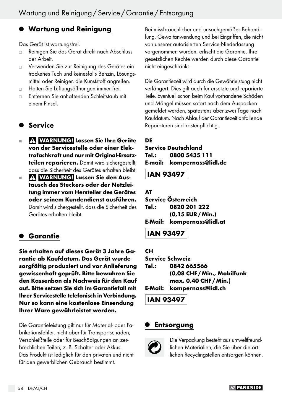 Wartung und reinigung, Service, Garantie | Entsorgung | Parkside PSFS 250 A1 User Manual | Page 58 / 60