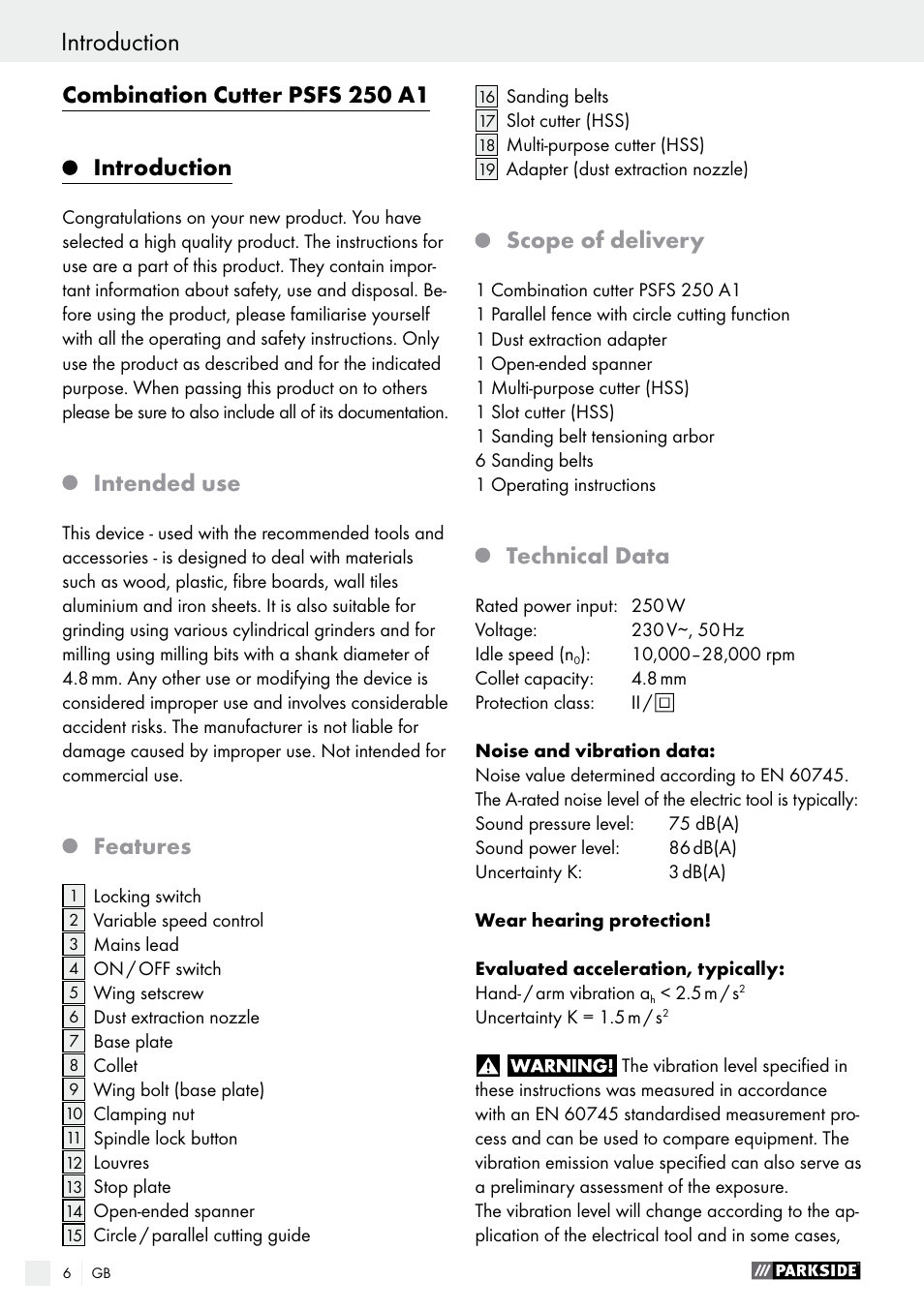 Combination cutter psfs 250 a1 introduction, Intended use, Features | Scope of delivery, Technical data | Parkside PSFS 250 A1 User Manual | Page 6 / 60