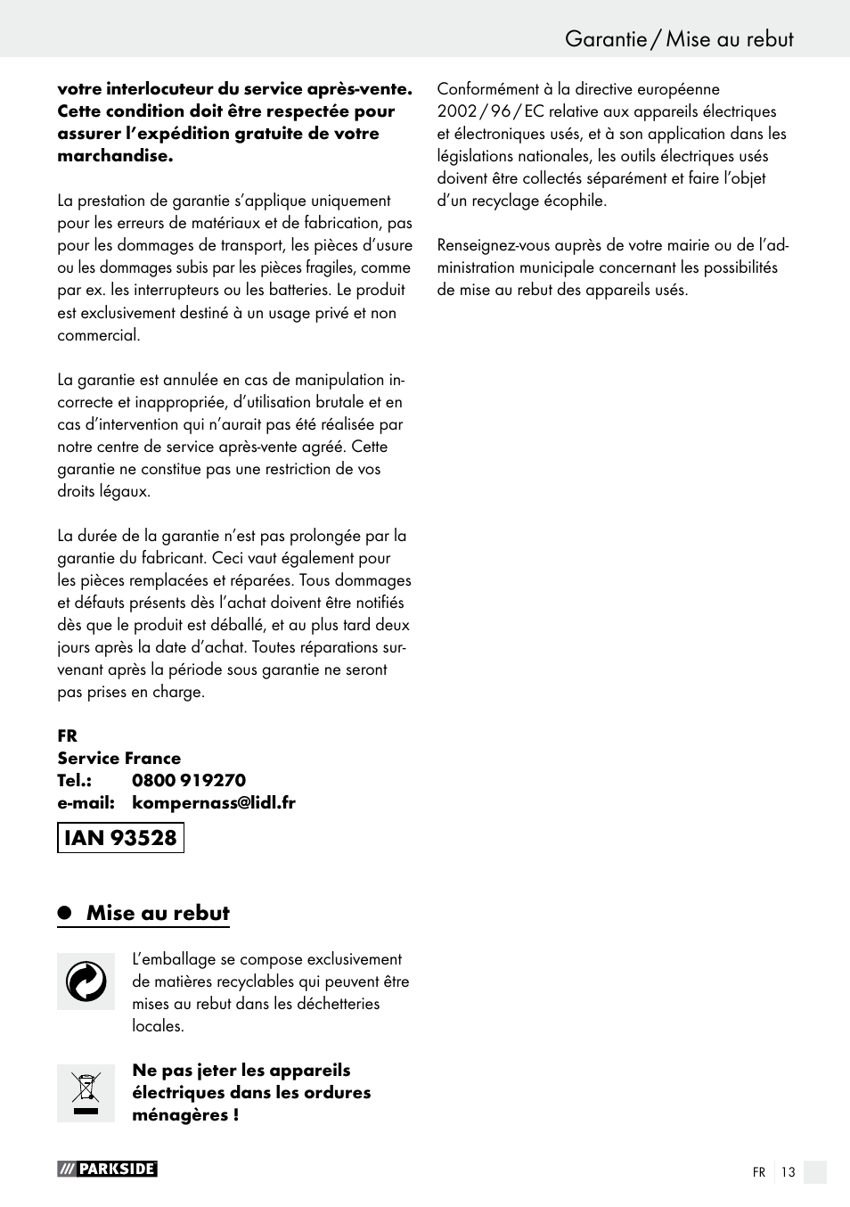 Mise au rebut | Parkside PEH 30 A1 User Manual | Page 13 / 34