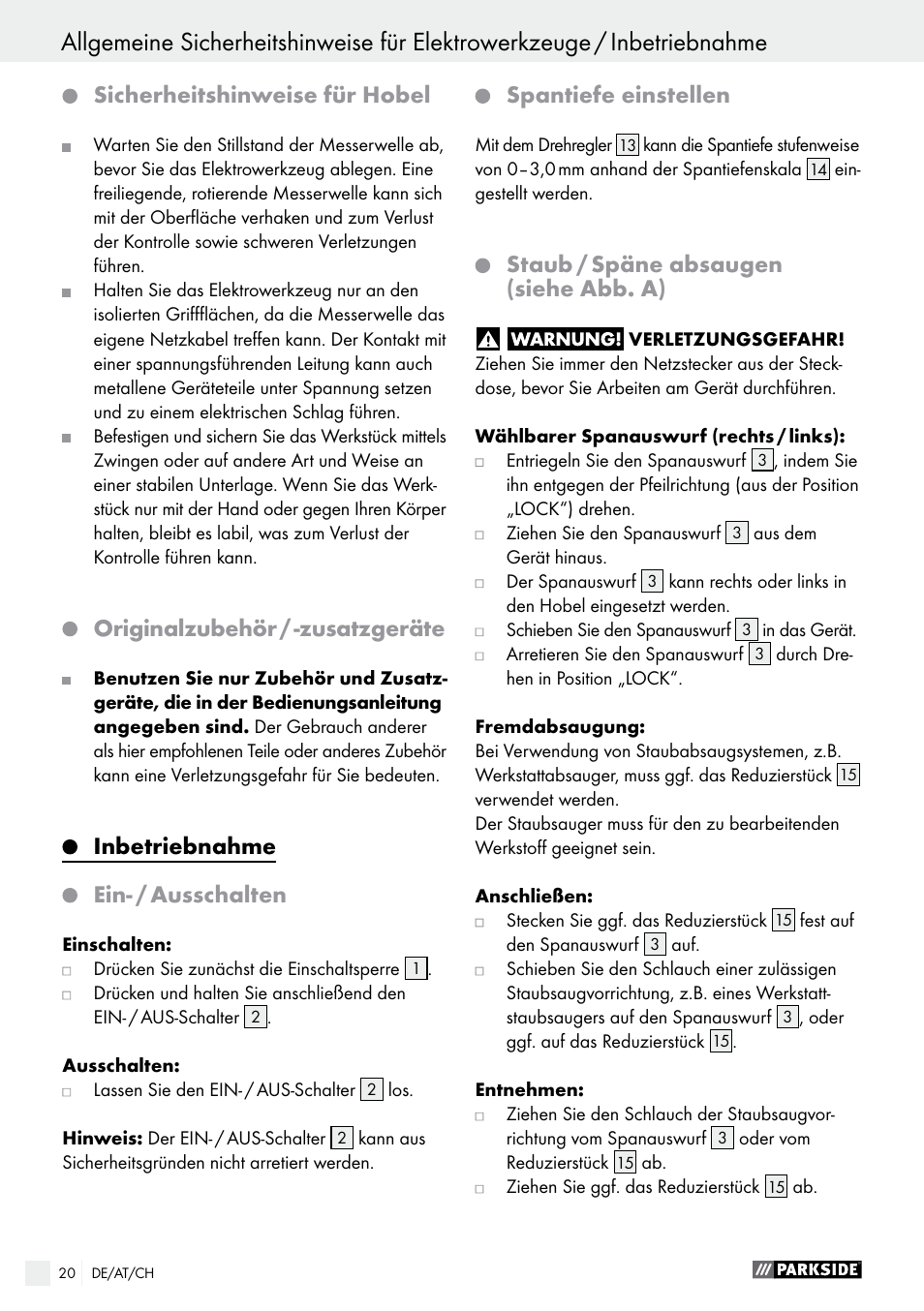 Sicherheitshinweise für hobel, Originalzubehör / -zusatzgeräte, Inbetriebnahme | Ein- / ausschalten, Spantiefe einstellen, Staub / späne absaugen (siehe abb. a) | Parkside PEH 30 A1 User Manual | Page 20 / 34