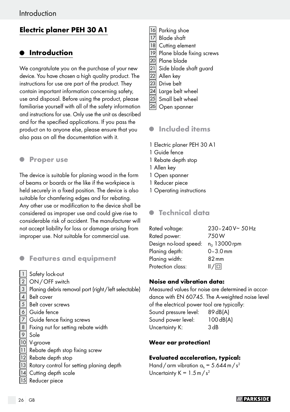 Electric planer peh 30 a1, Introduction, Proper use | Features and equipment, Included items, Technical data | Parkside PEH 30 A1 User Manual | Page 26 / 34