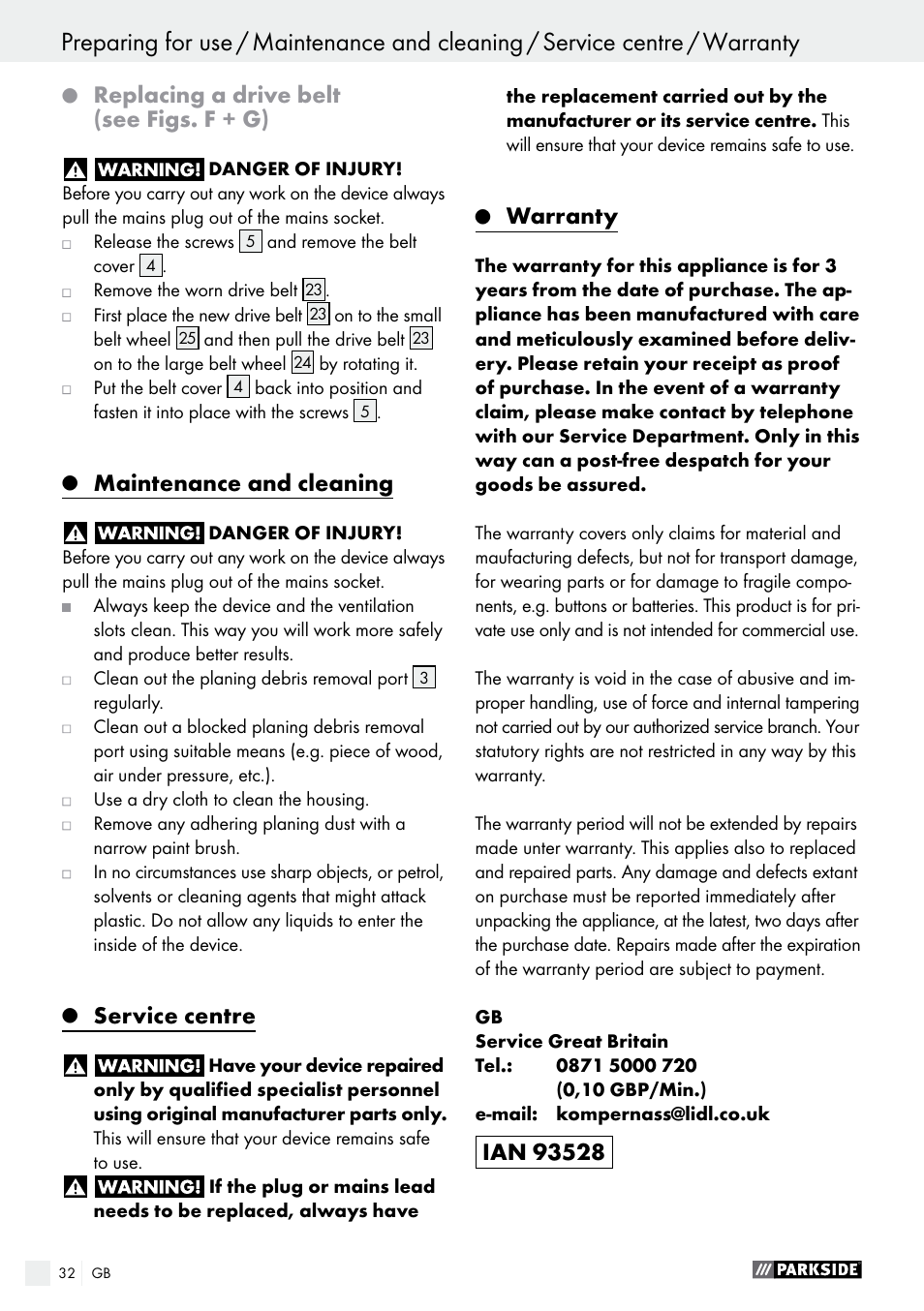 Replacing a drive belt (see figs. f + g), Maintenance and cleaning, Service centre | Warranty | Parkside PEH 30 A1 User Manual | Page 32 / 34