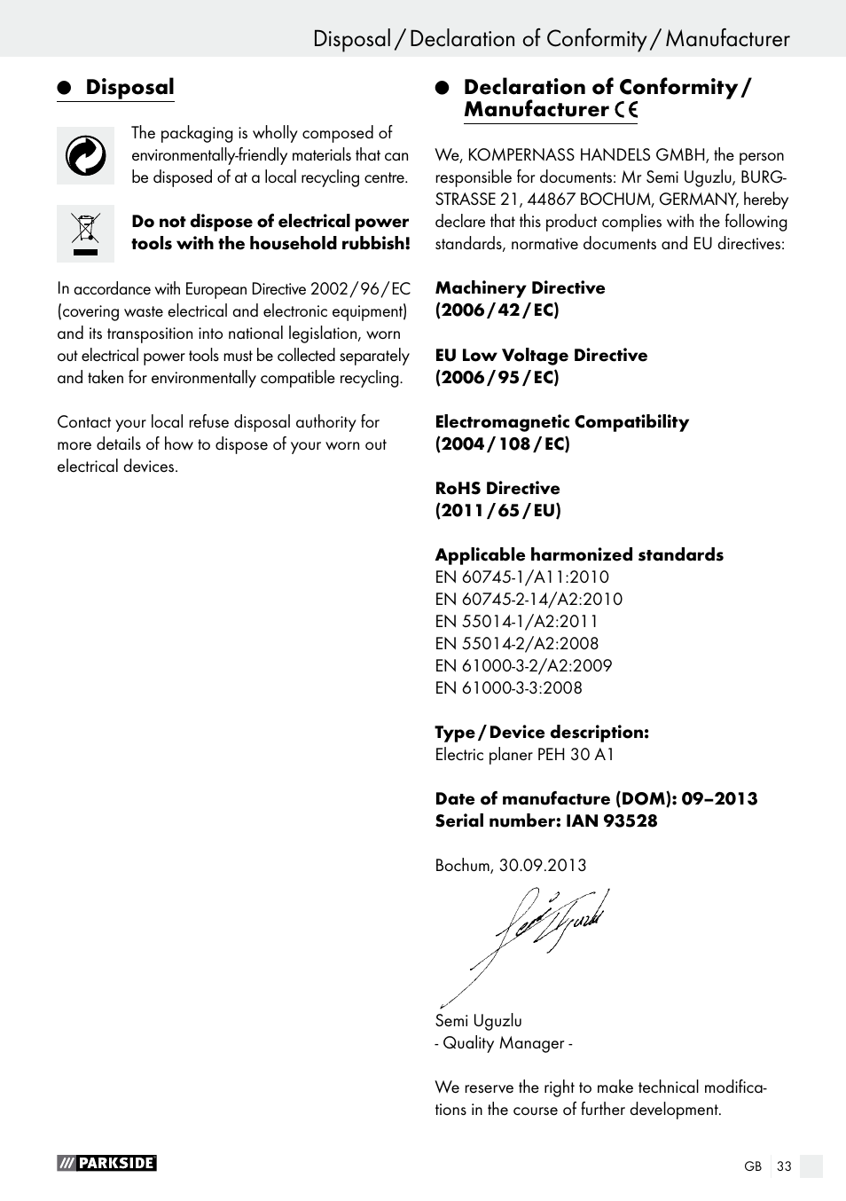 Disposal, Declaration of conformity / manufacturer | Parkside PEH 30 A1 User Manual | Page 33 / 34