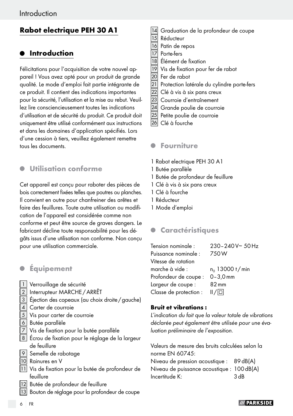 Rabot electrique peh 30 a1, Introduction, Utilisation conforme | Équipement, Fourniture, Caractéristiques | Parkside PEH 30 A1 User Manual | Page 6 / 34