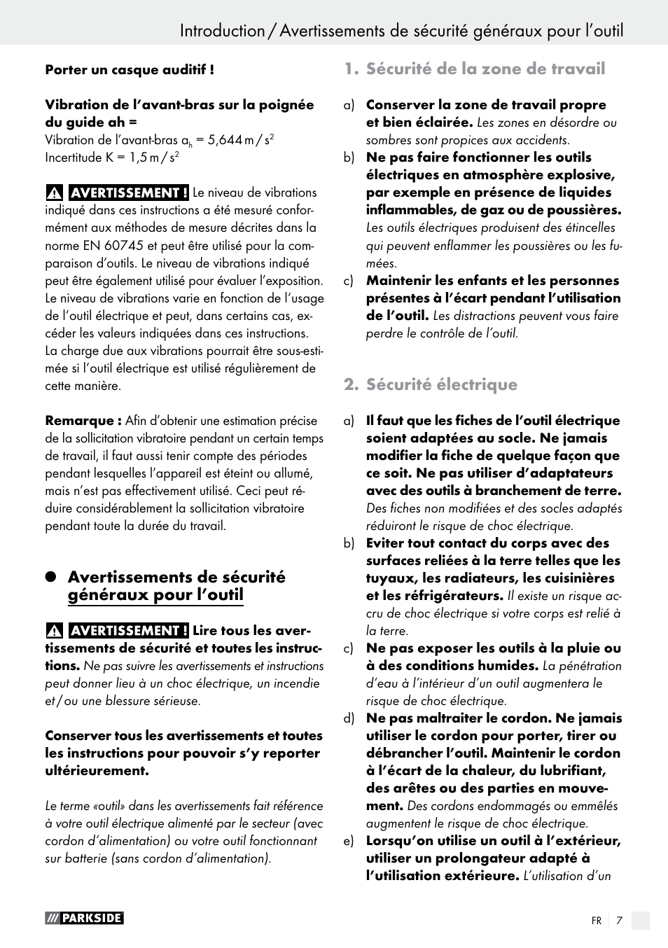 Avertissements de sécurité généraux pour l’outil, Sécurité de la zone de travail, Sécurité électrique | Parkside PEH 30 A1 User Manual | Page 7 / 34