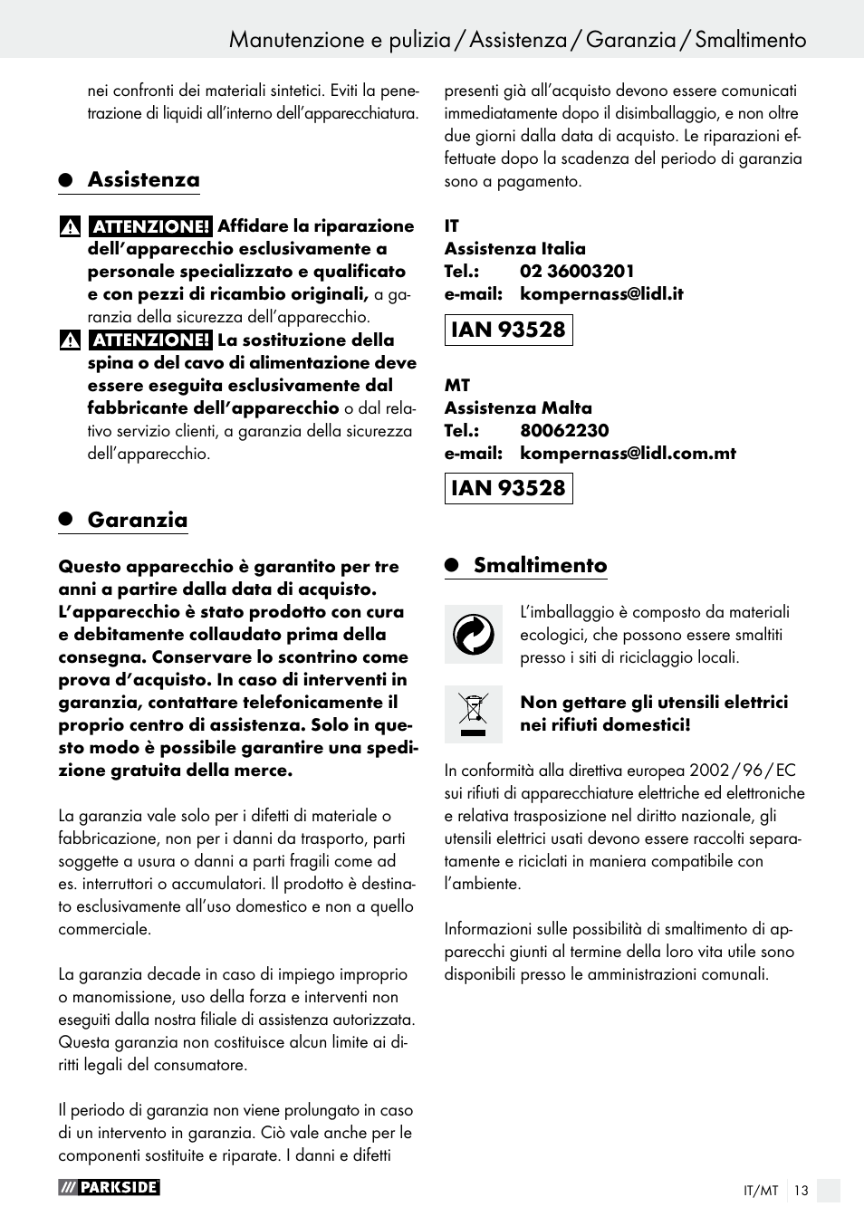 Assistenza, Garanzia, Smaltimento | Parkside PEH 30 A1 User Manual | Page 13 / 35