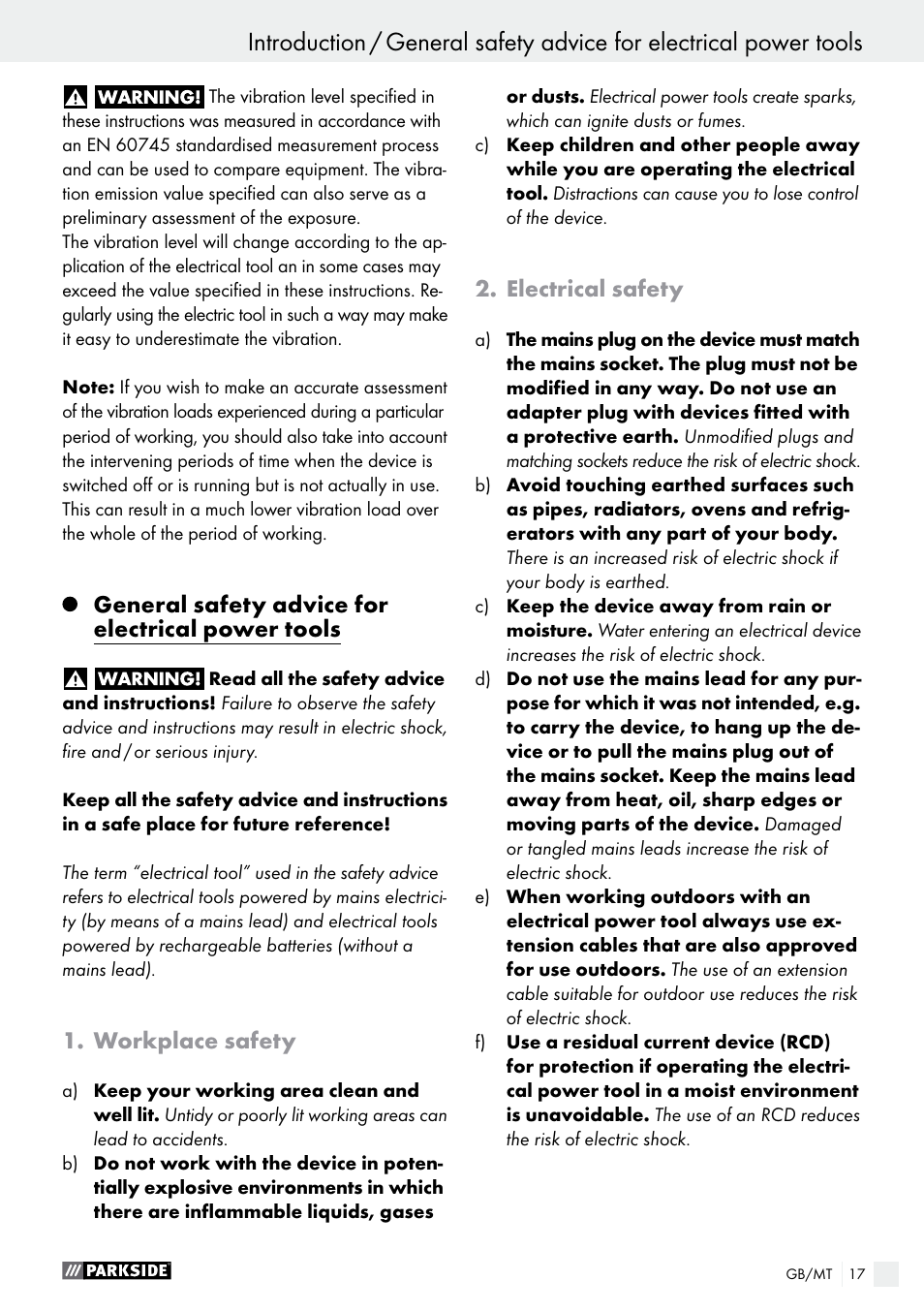 General safety advice for electrical power tools, Workplace safety, Electrical safety | Parkside PEH 30 A1 User Manual | Page 17 / 35