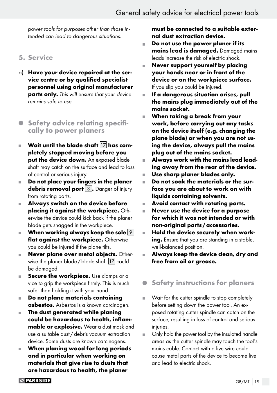 General safety advice for electrical power tools, Service, Safety instructions for planers | Parkside PEH 30 A1 User Manual | Page 19 / 35