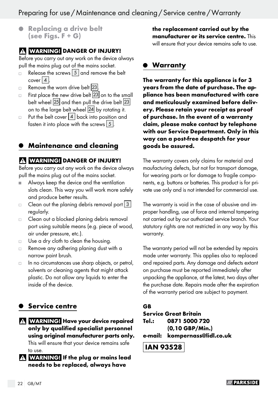 Replacing a drive belt (see figs. f + g), Maintenance and cleaning, Service centre | Warranty | Parkside PEH 30 A1 User Manual | Page 22 / 35