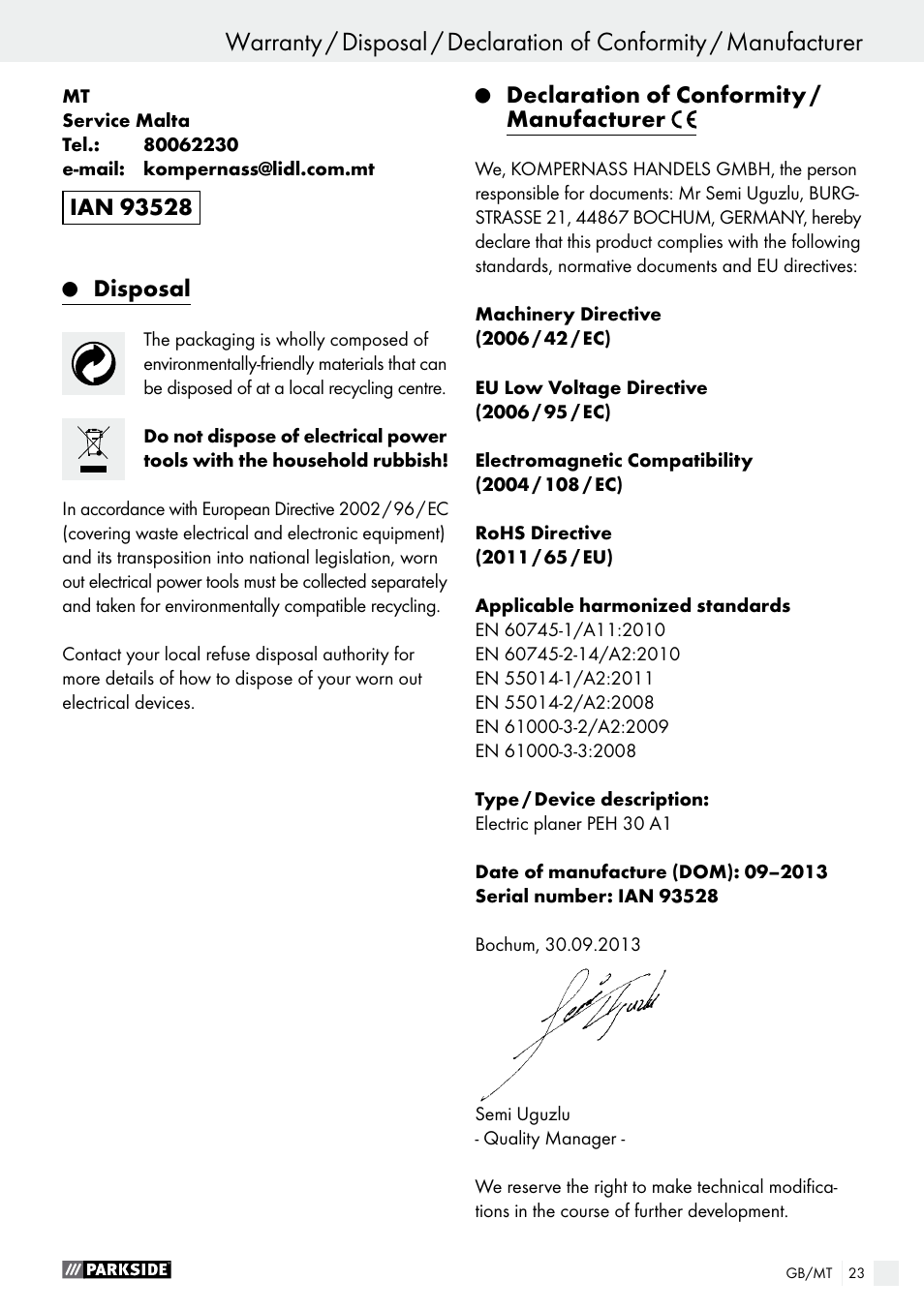 Disposal, Declaration of conformity / manufacturer | Parkside PEH 30 A1 User Manual | Page 23 / 35