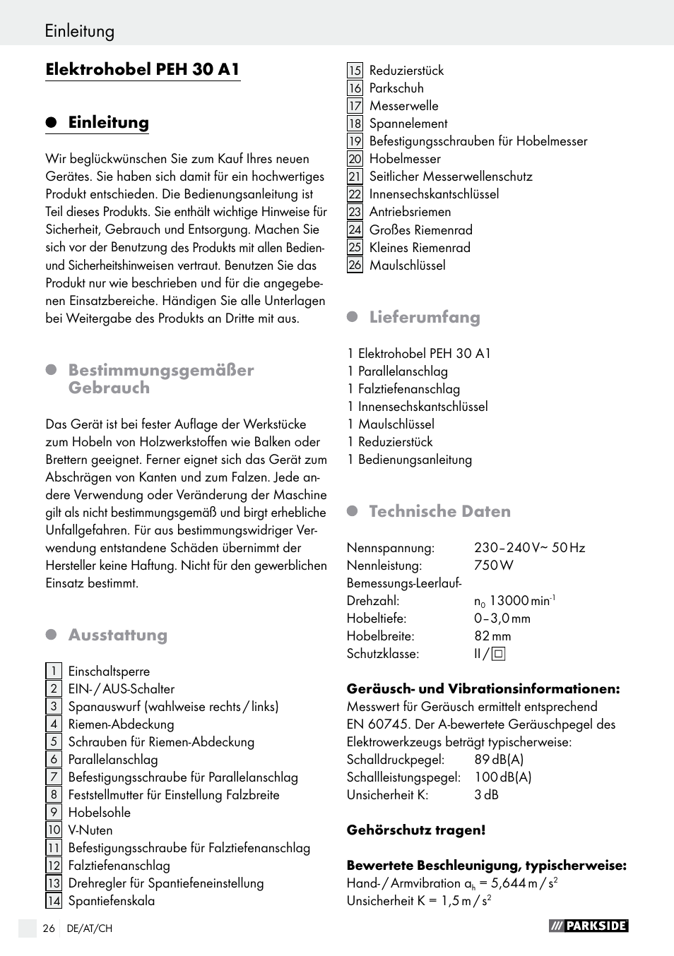 Elektrohobel peh 30 a1 einleitung, Bestimmungsgemäßer gebrauch, Ausstattung | Lieferumfang, Technische daten | Parkside PEH 30 A1 User Manual | Page 26 / 35