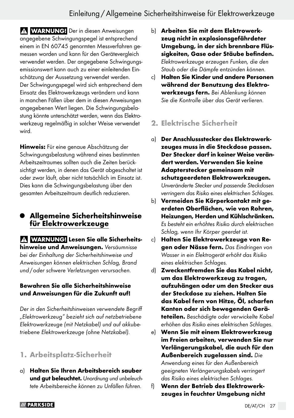 Arbeitsplatz­sicherheit, Elektrische sicherheit | Parkside PEH 30 A1 User Manual | Page 27 / 35