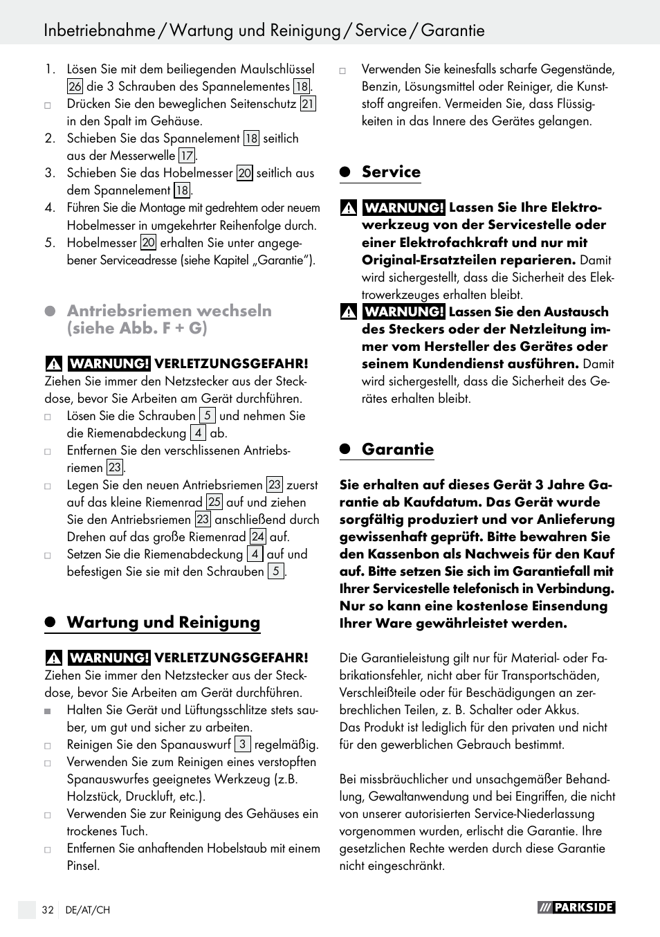 Antriebsriemen wechseln (siehe abb. f + g), Wartung und reinigung, Service | Garantie | Parkside PEH 30 A1 User Manual | Page 32 / 35