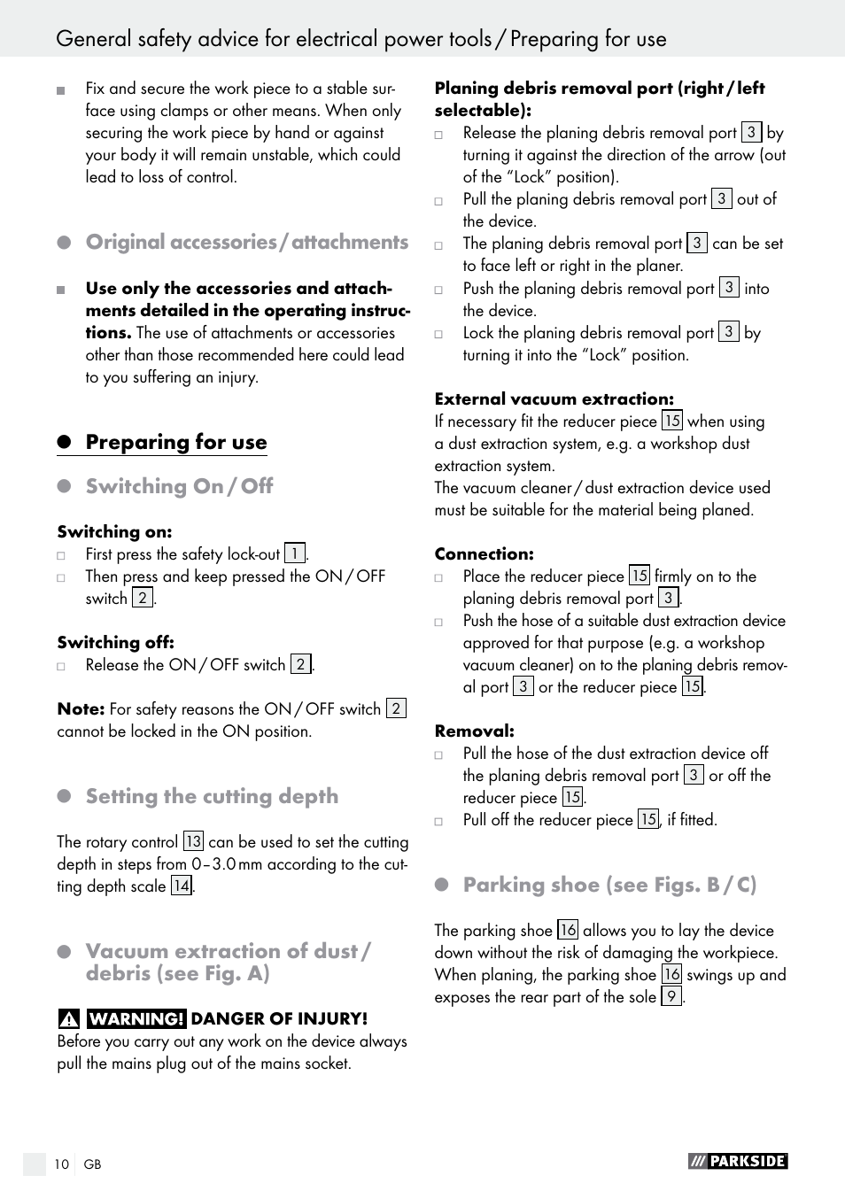 Original accessories / attachments, Preparing for use, Switching on / off | Setting the cutting depth, Vacuum extraction of dust / debris (see fig. a), Parking shoe (see figs. b / c) | Parkside PEH 30 A1 User Manual | Page 10 / 75