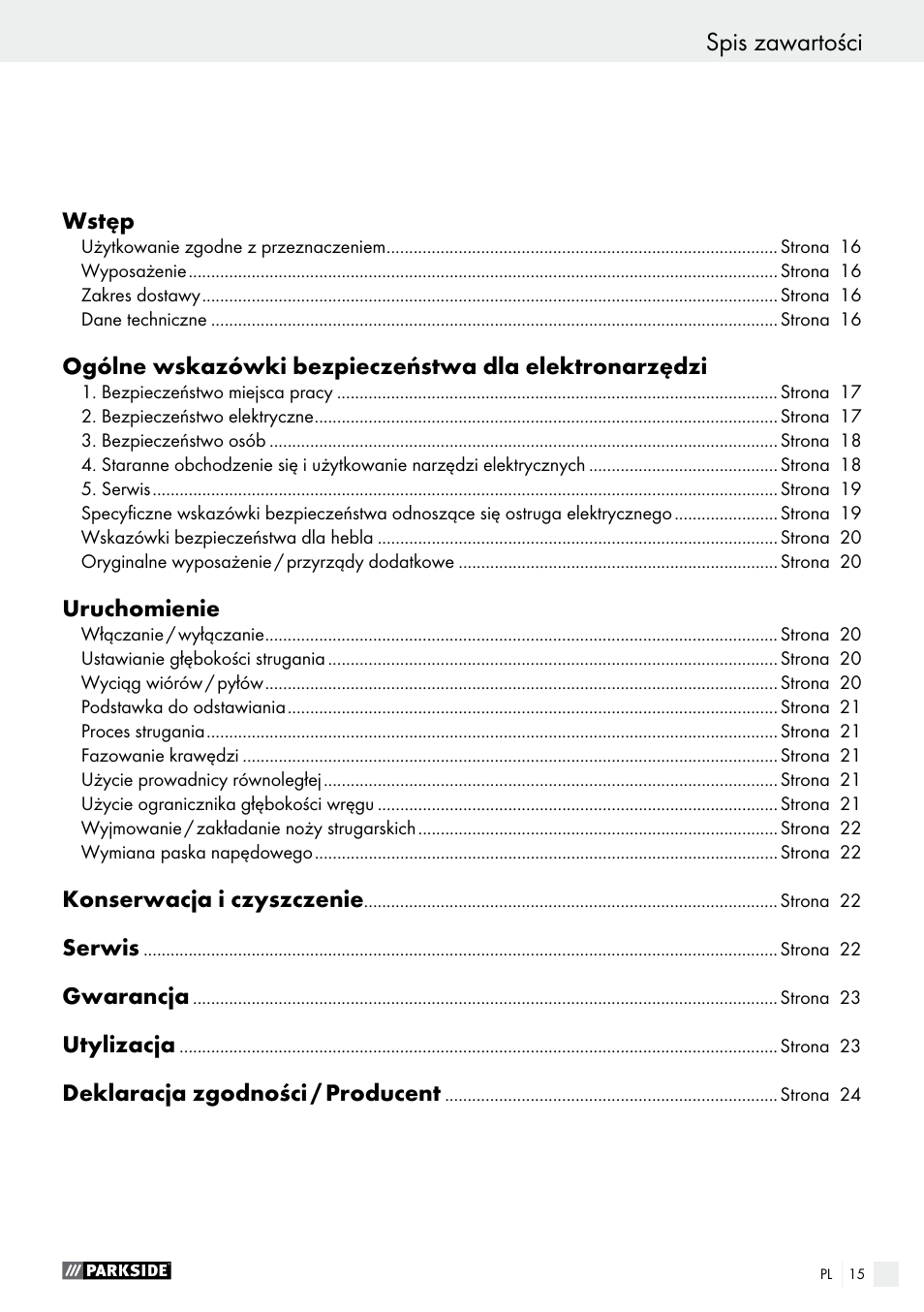 Spis zawartości | Parkside PEH 30 A1 User Manual | Page 15 / 75