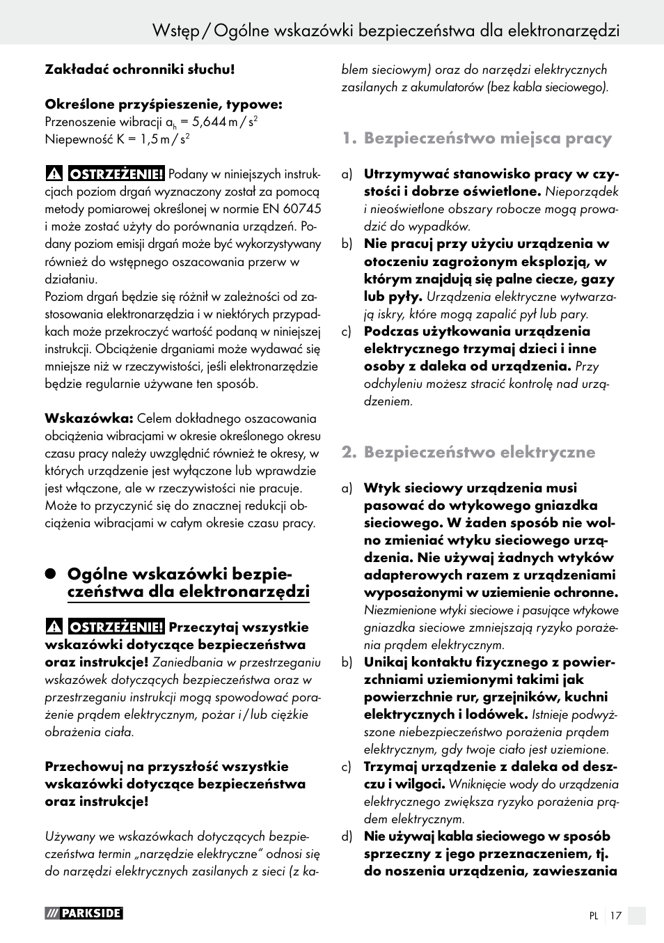 Wstęp, Bezpieczeństwo miejsca pracy, Bezpieczeństwo elektryczne | Parkside PEH 30 A1 User Manual | Page 17 / 75