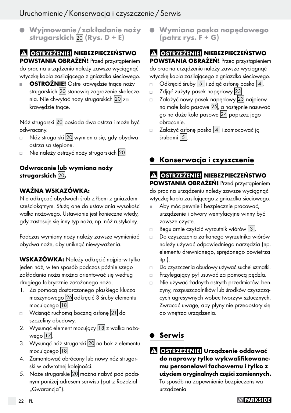 Wyjmowanie / zakładanie noży strugarskich, Rys. d + e), Wymiana paska napędowego (patrz rys. f + g) | Konserwacja i czyszczenie, Serwis | Parkside PEH 30 A1 User Manual | Page 22 / 75