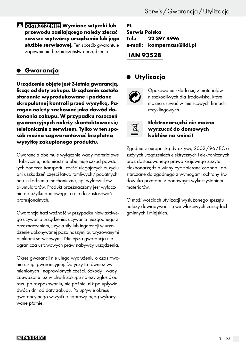 Serwis / gwarancja / utylizacja, Uruchomienie / konserwacja i czyszczenie / serwis, Gwarancja | Utylizacja | Parkside PEH 30 A1 User Manual | Page 23 / 75