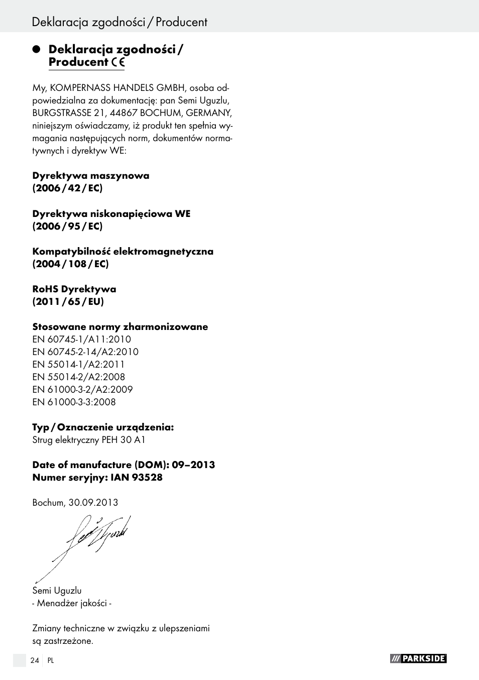 Deklaracja zgodności / producent | Parkside PEH 30 A1 User Manual | Page 24 / 75