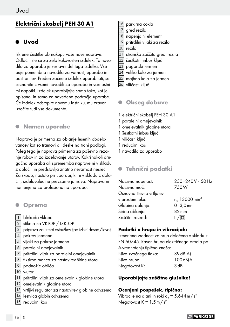Električni skobelj peh 30 a1, Uvod, Namen uporabe | Oprema, Obseg dobave, Tehnični podatki | Parkside PEH 30 A1 User Manual | Page 36 / 75