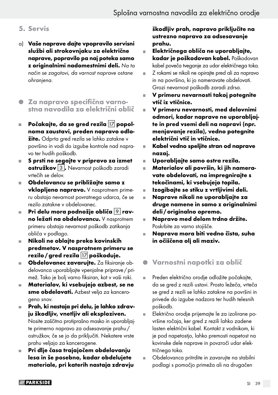 Splošna varnostna navodila za električno orodje, Servis, Varnostni napotki za oblič | Parkside PEH 30 A1 User Manual | Page 39 / 75