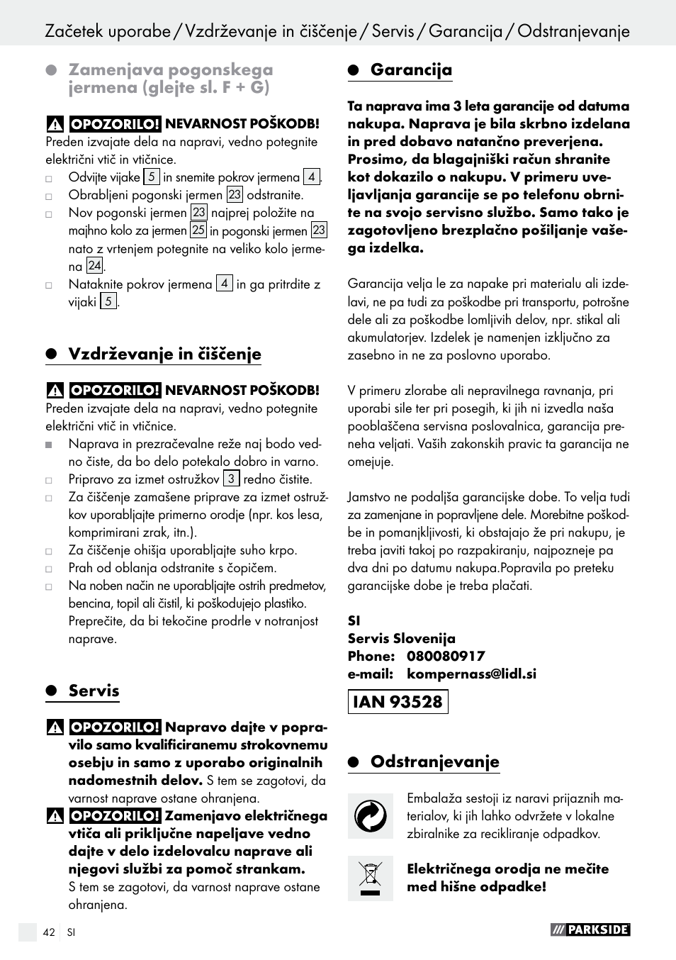 Zamenjava pogonskega jermena (glejte sl. f + g), Vzdrževanje in čiščenje, Servis | Garancija, Odstranjevanje | Parkside PEH 30 A1 User Manual | Page 42 / 75