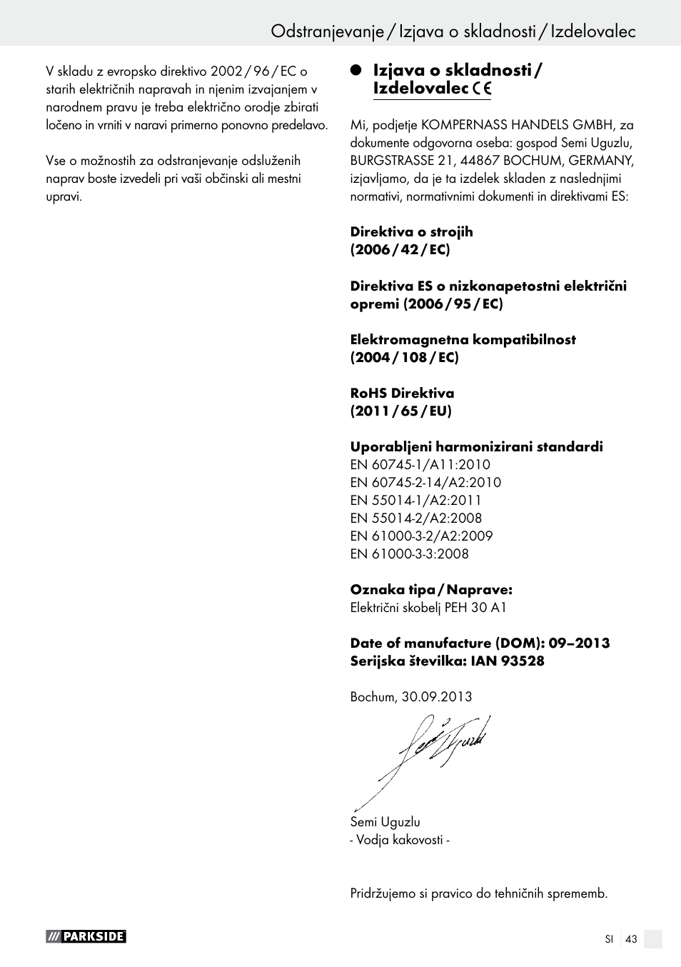Izjava o skladnosti / izdelovalec | Parkside PEH 30 A1 User Manual | Page 43 / 75