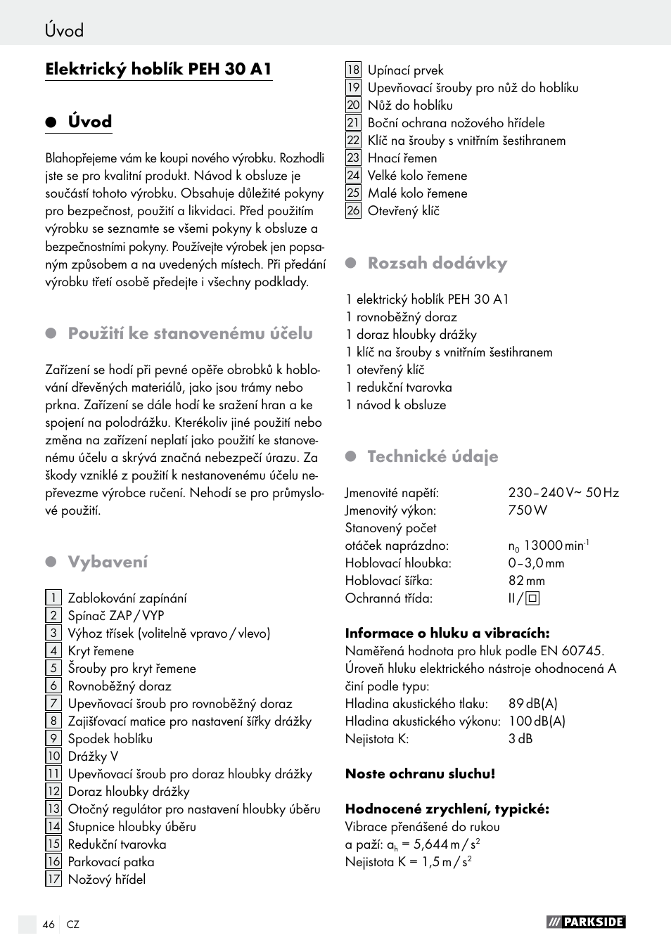 Elektrický hoblík peh 30 a1, Úvod, Použití ke stanovenému účelu | Vybavení, Rozsah dodávky, Technické údaje | Parkside PEH 30 A1 User Manual | Page 46 / 75