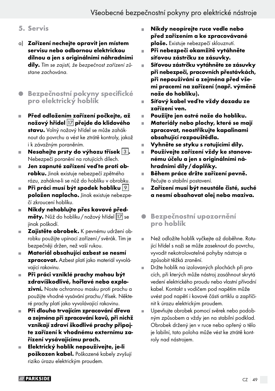 Servis, Bezpečnostní upozornění pro hoblík | Parkside PEH 30 A1 User Manual | Page 49 / 75